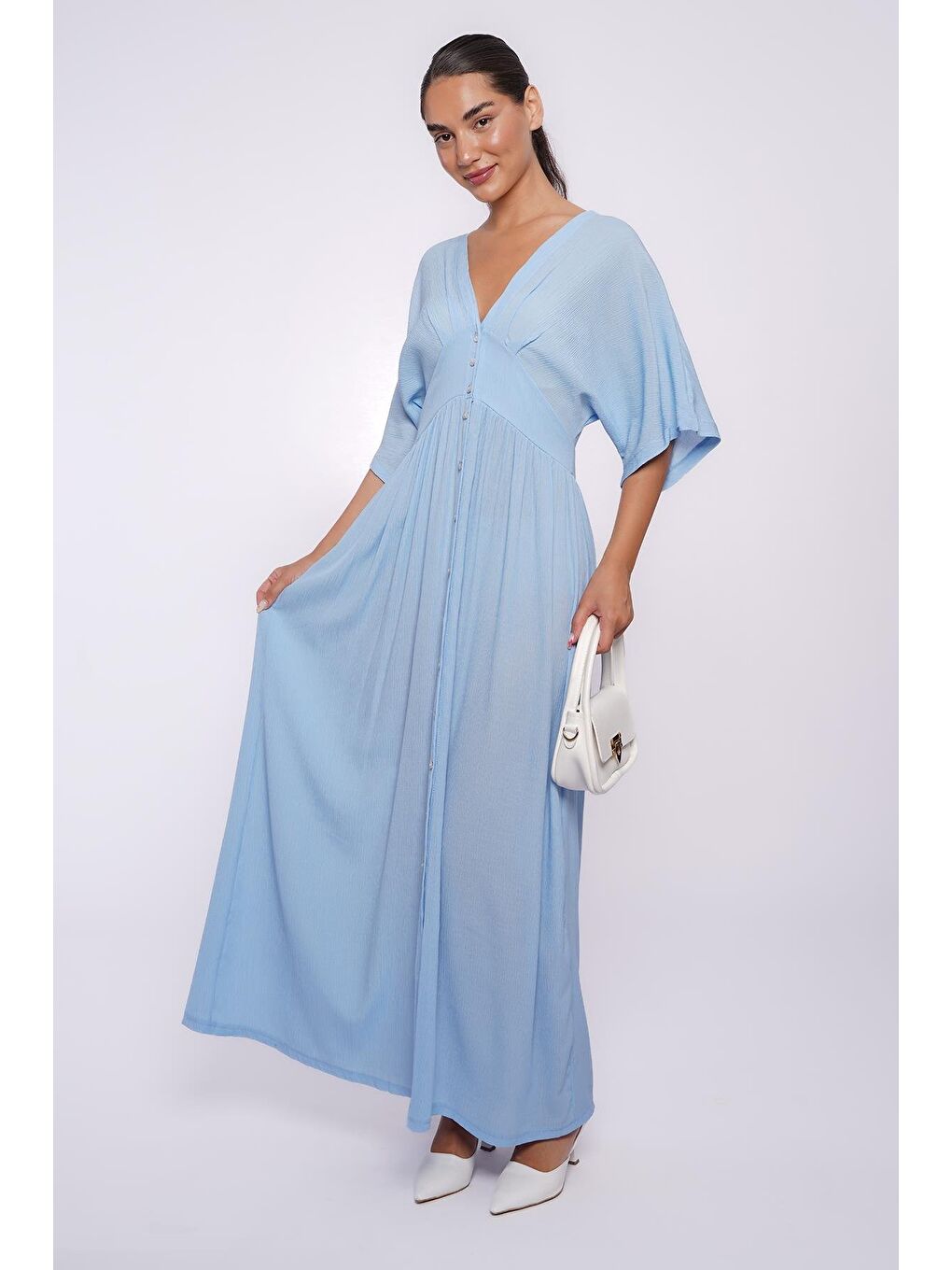 Bebe Mavisi V Yaka Düğmeli Elbise Mg2339-9