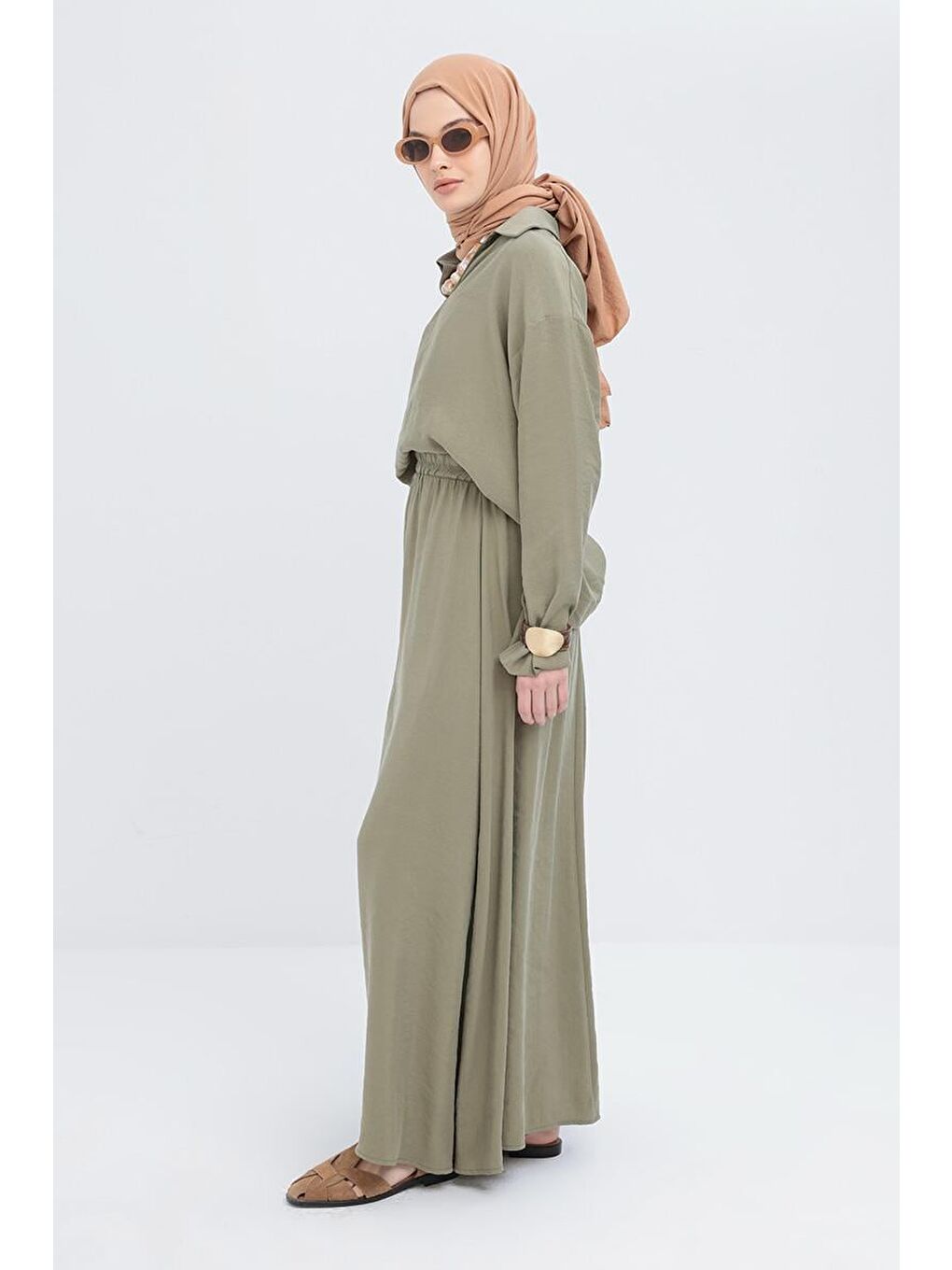 Haki-V Yakalı Modal Etekli Takım-1