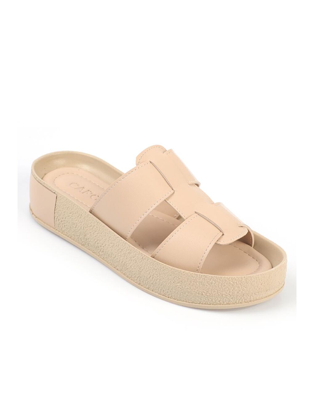 Bej Gladyatör Çift Bant Renkli Detaylı Dolgu Topuk Kadın Terlik-2