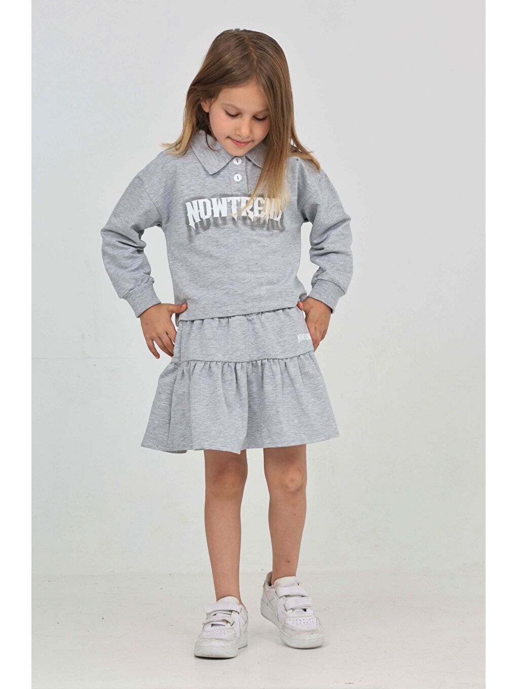 Gri Kız Çocuk Nowtrend Baskılı Etekli Takım-3