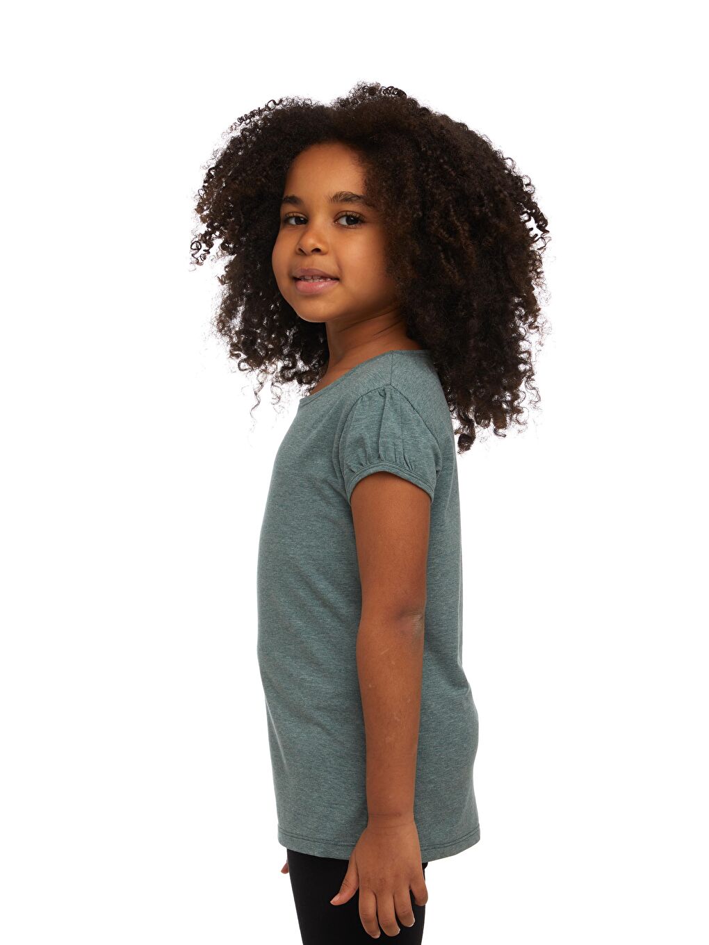 Koyu Yeşil Melanj Kız Çocuk Kısa Kollu Basıc Tişört-1