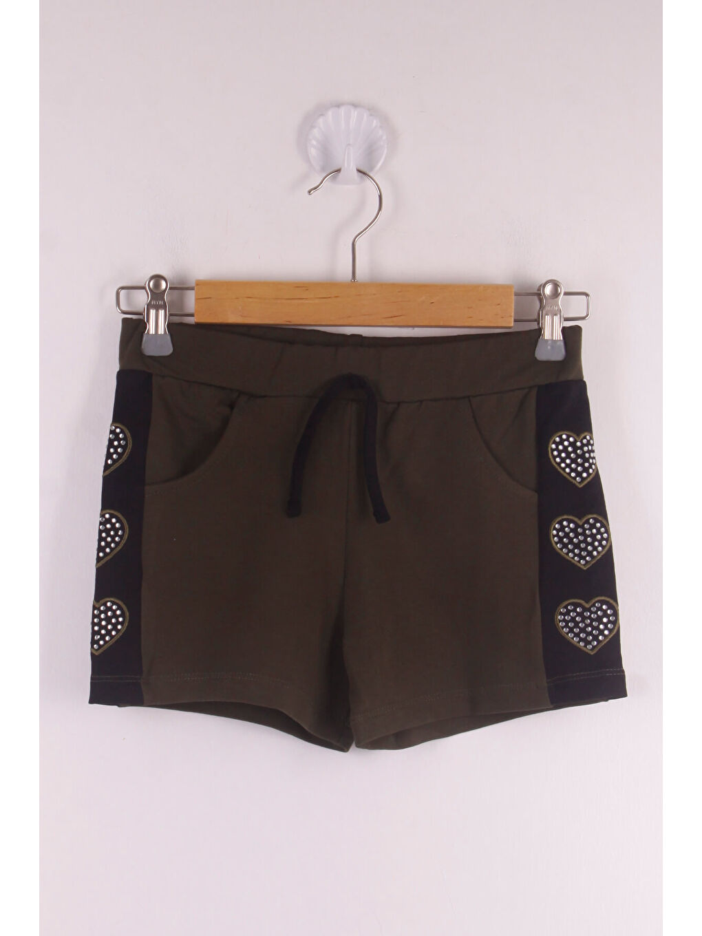 Haki Kız Çocuk Kalp Nakışlı Şort-2