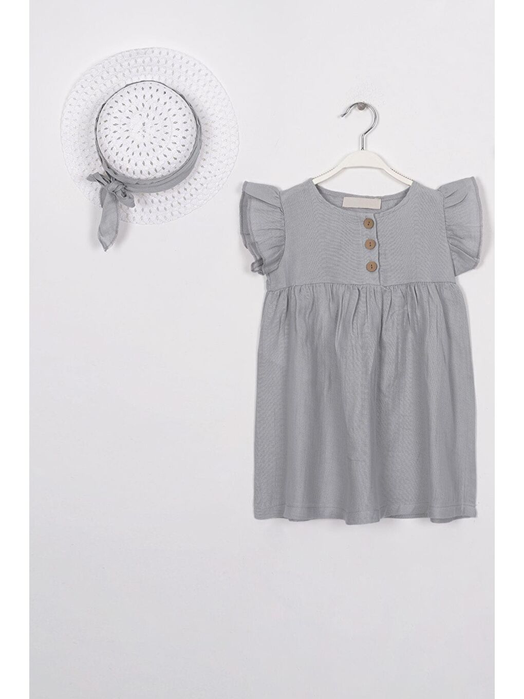 Önü Düğmeli Gri Renk Kız Çocuk Elbise