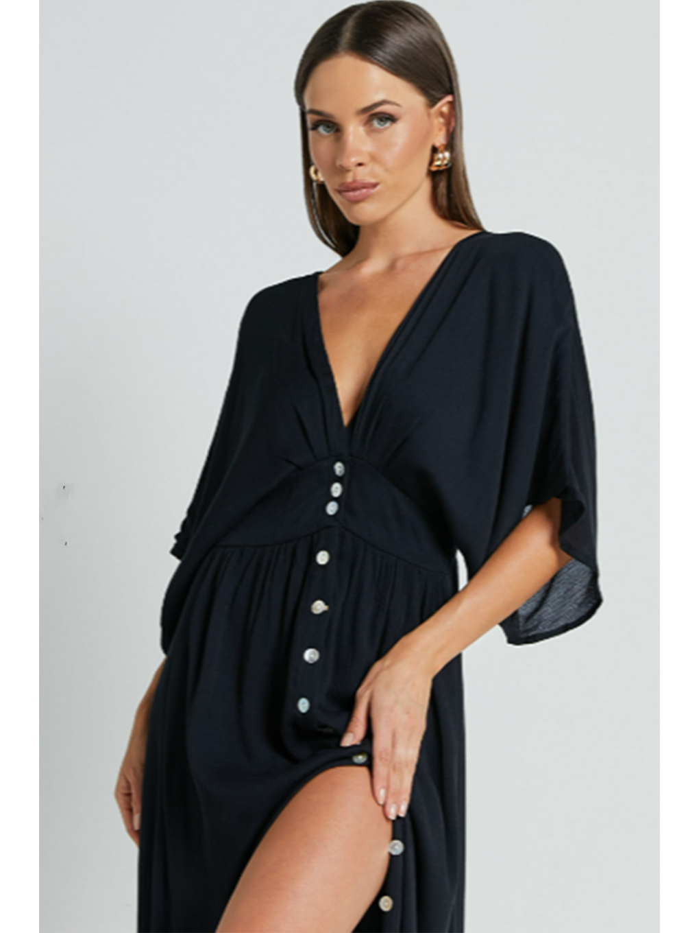 Siyah V Yaka Düğmeli Elbise Mg2339-8