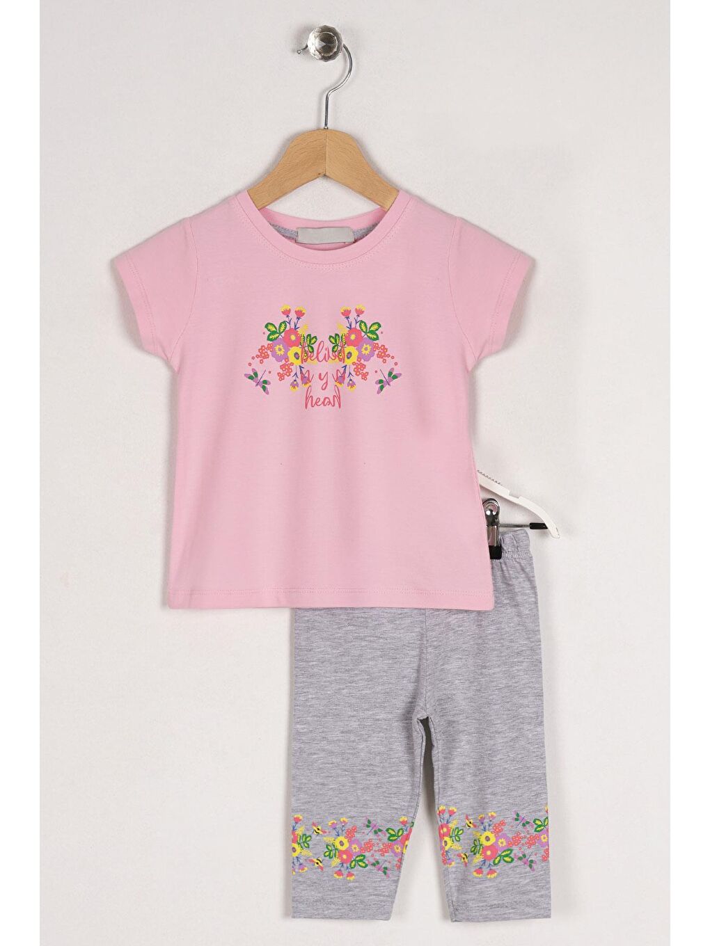 Bisiklet Yaka Yarım Kol Çiçek Baskılı Pembe Gri Renk Kız Çocuk Taytlı Takım