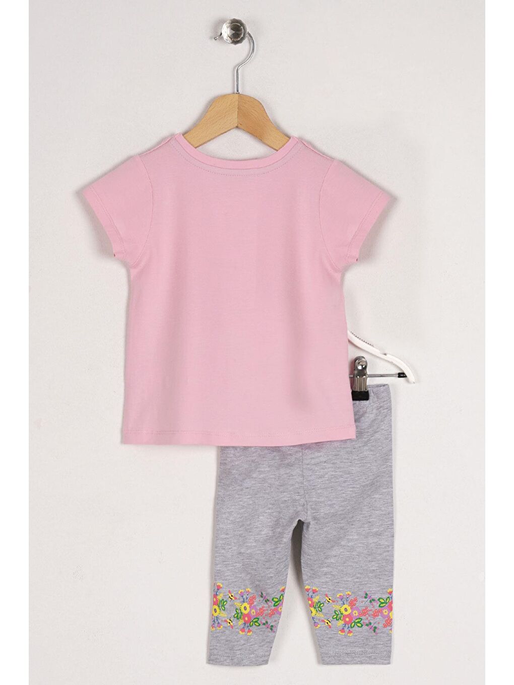 Bisiklet Yaka Yarım Kol Çiçek Baskılı Pembe Gri Renk Kız Çocuk Taytlı Takım-1