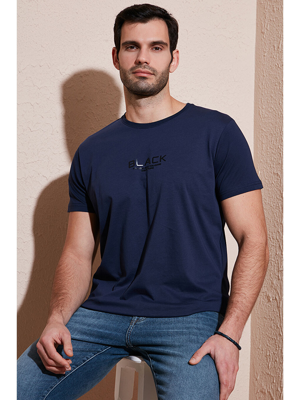 Lacivert Baskılı Bisiklet Yaka %100 Pamuk Slim Fit Erkek Tişört 541FOLLOW-2