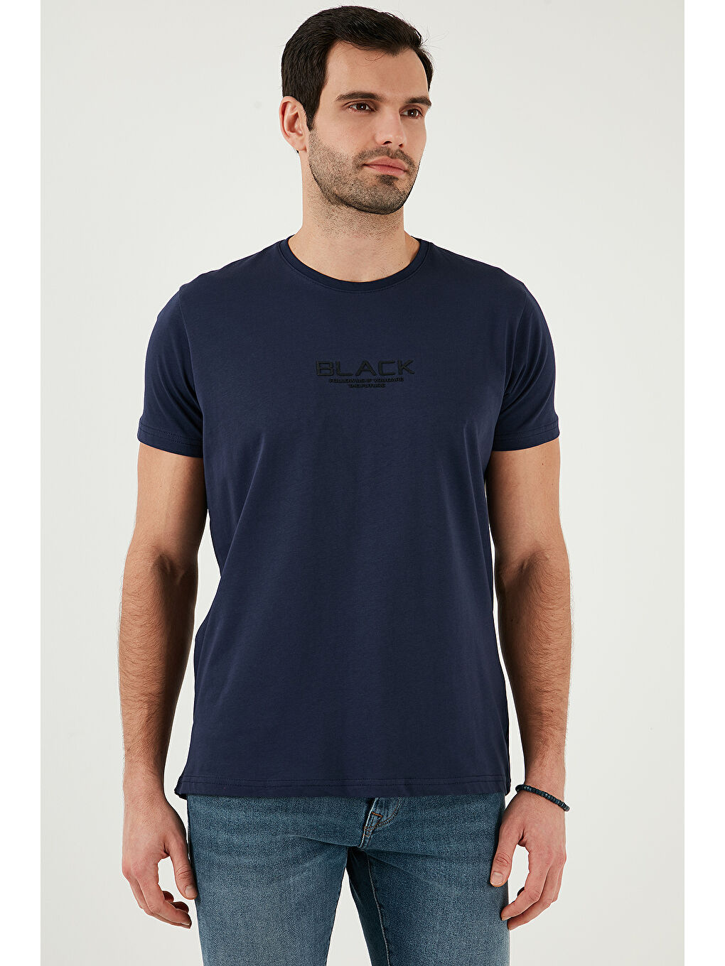 Lacivert Baskılı Bisiklet Yaka %100 Pamuk Slim Fit Erkek Tişört 541FOLLOW-3