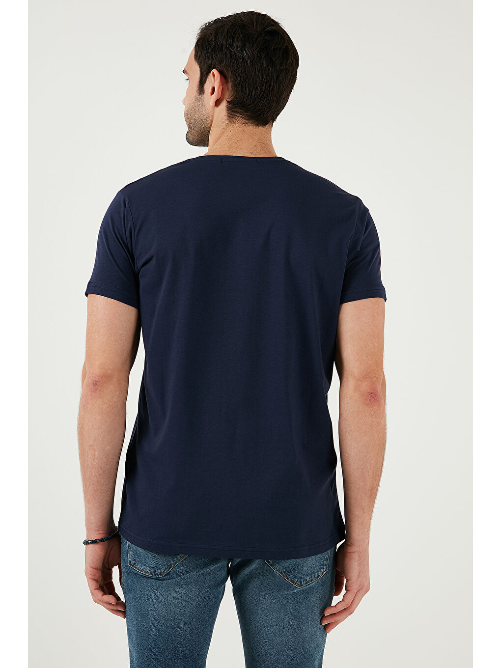 Lacivert Baskılı Bisiklet Yaka %100 Pamuk Slim Fit Erkek Tişört 541FOLLOW-5