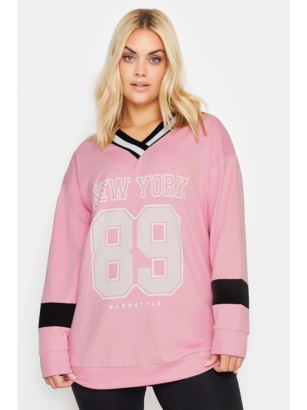 Stil Diva Pembe Büyük Beden V Yaka Uzun Kollu Baskılı Sweatshirt 303005