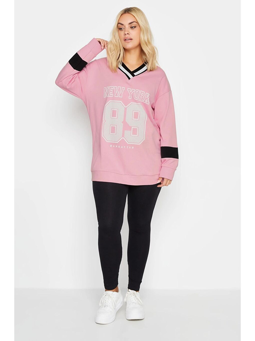 Stil Diva Pembe Büyük Beden V Yaka Uzun Kollu Baskılı Sweatshirt 303005 - 1