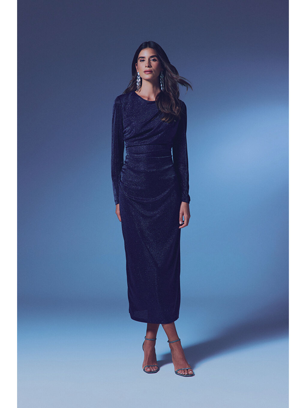 Simli Midi Elbise - Lacivert