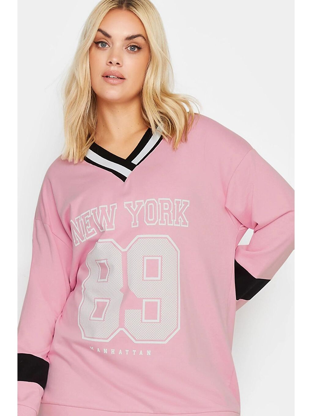 Stil Diva Pembe Büyük Beden V Yaka Uzun Kollu Baskılı Sweatshirt 303005 - 2