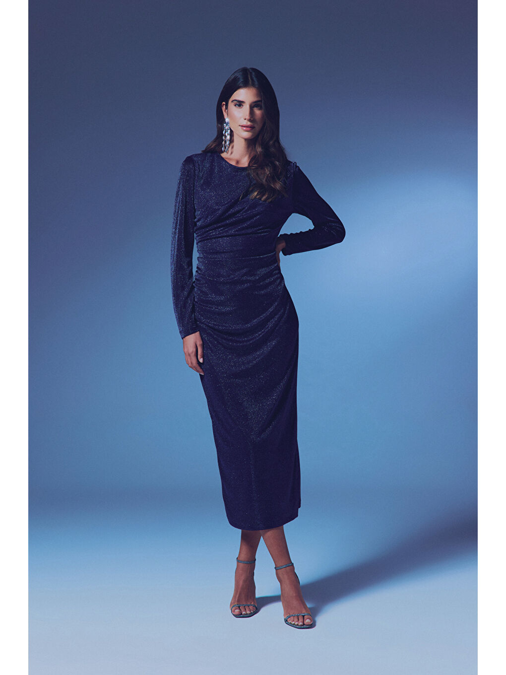 Simli Midi Elbise - Lacivert-1