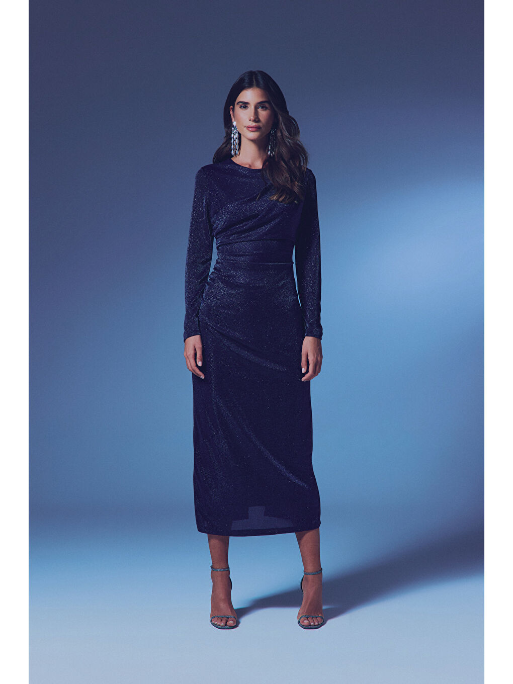 Simli Midi Elbise - Lacivert-2