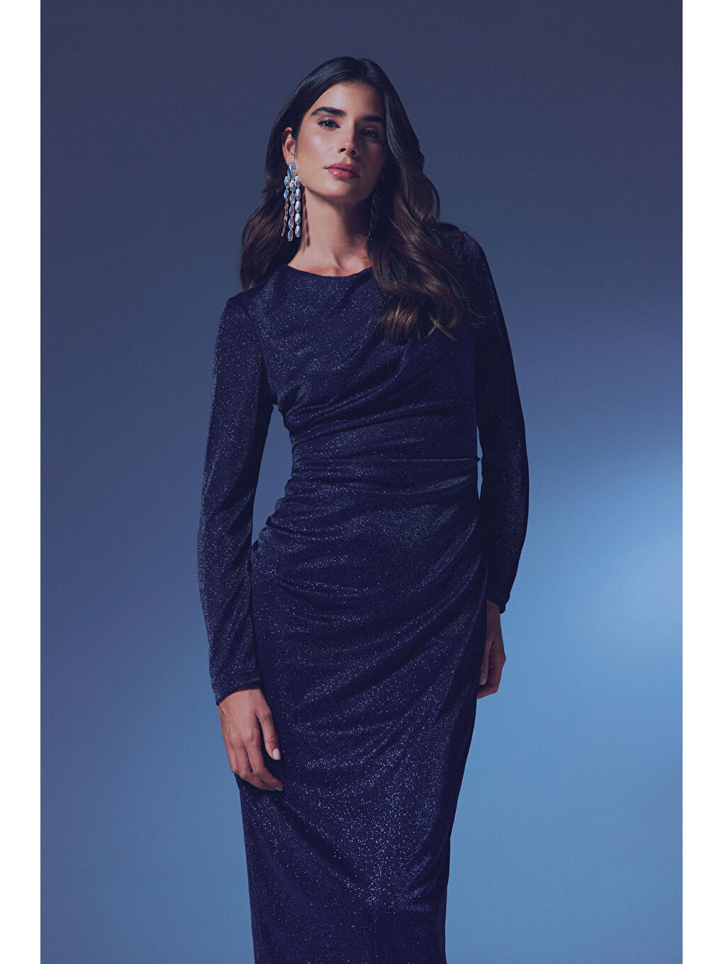 Simli Midi Elbise - Lacivert-3