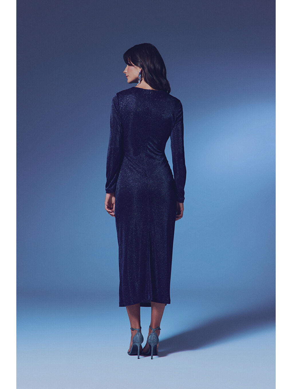 Simli Midi Elbise - Lacivert-4