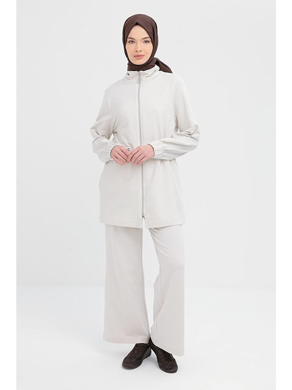 Bej Taş-Belden Büzgülü Fermuarlı Eşofman Takımı-1