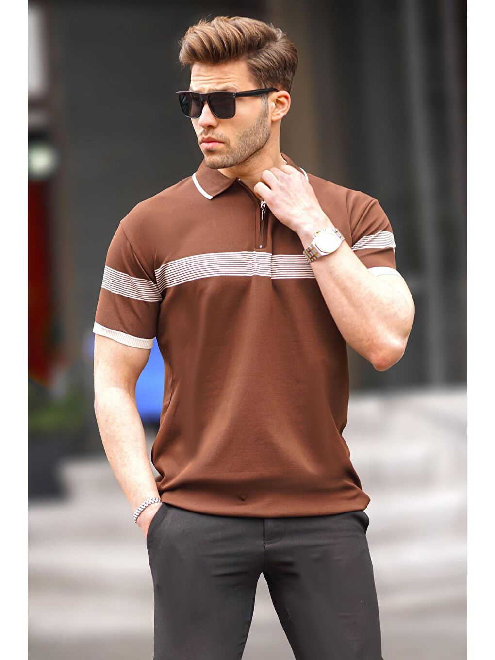 Kahverengi Fermuar Detaylı Polo Yaka Erkek Tişört 6879-1