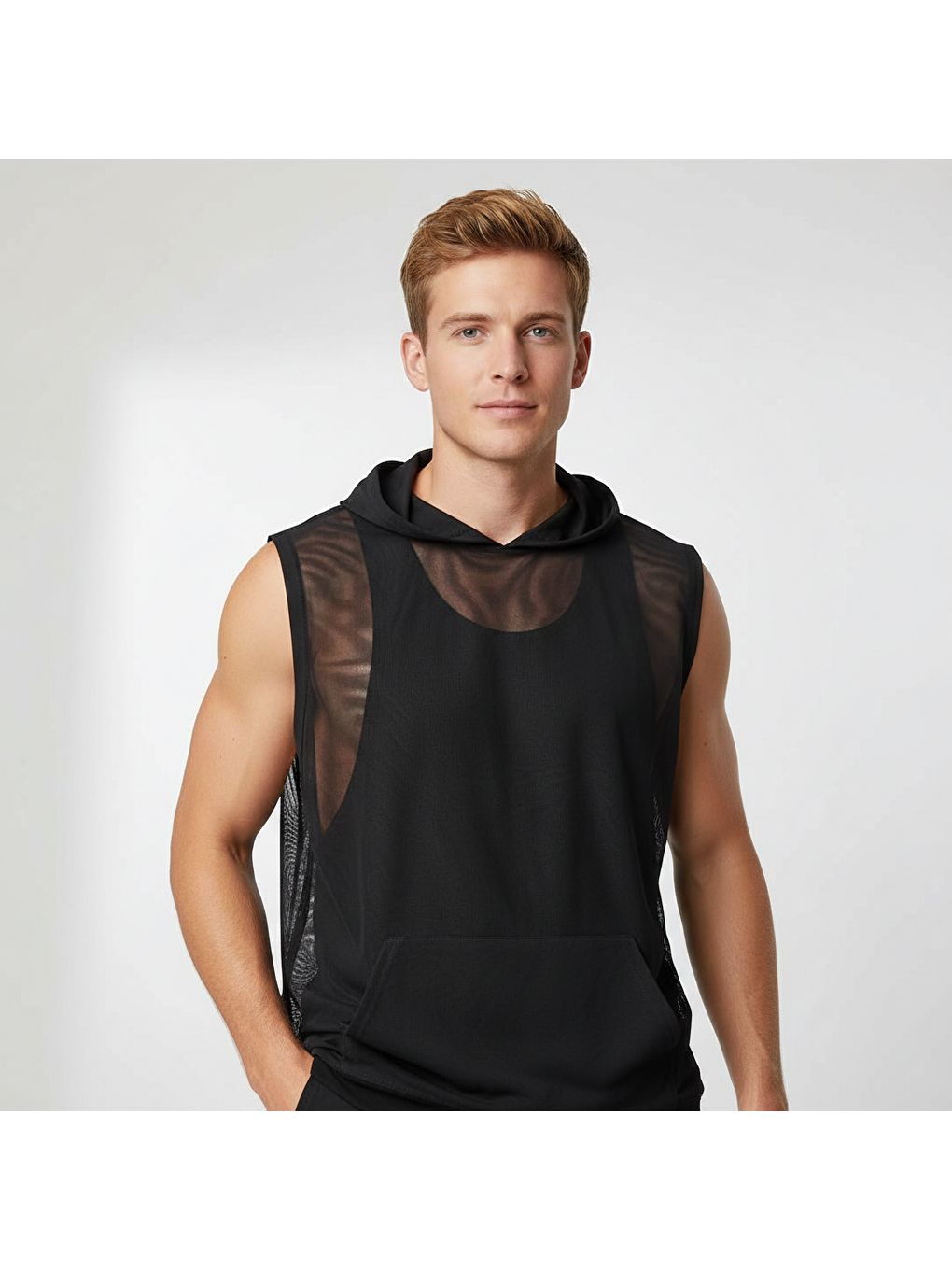 Siyah Erkek Tül Kolsuz Kapüşonlu Tshirt Bb2327