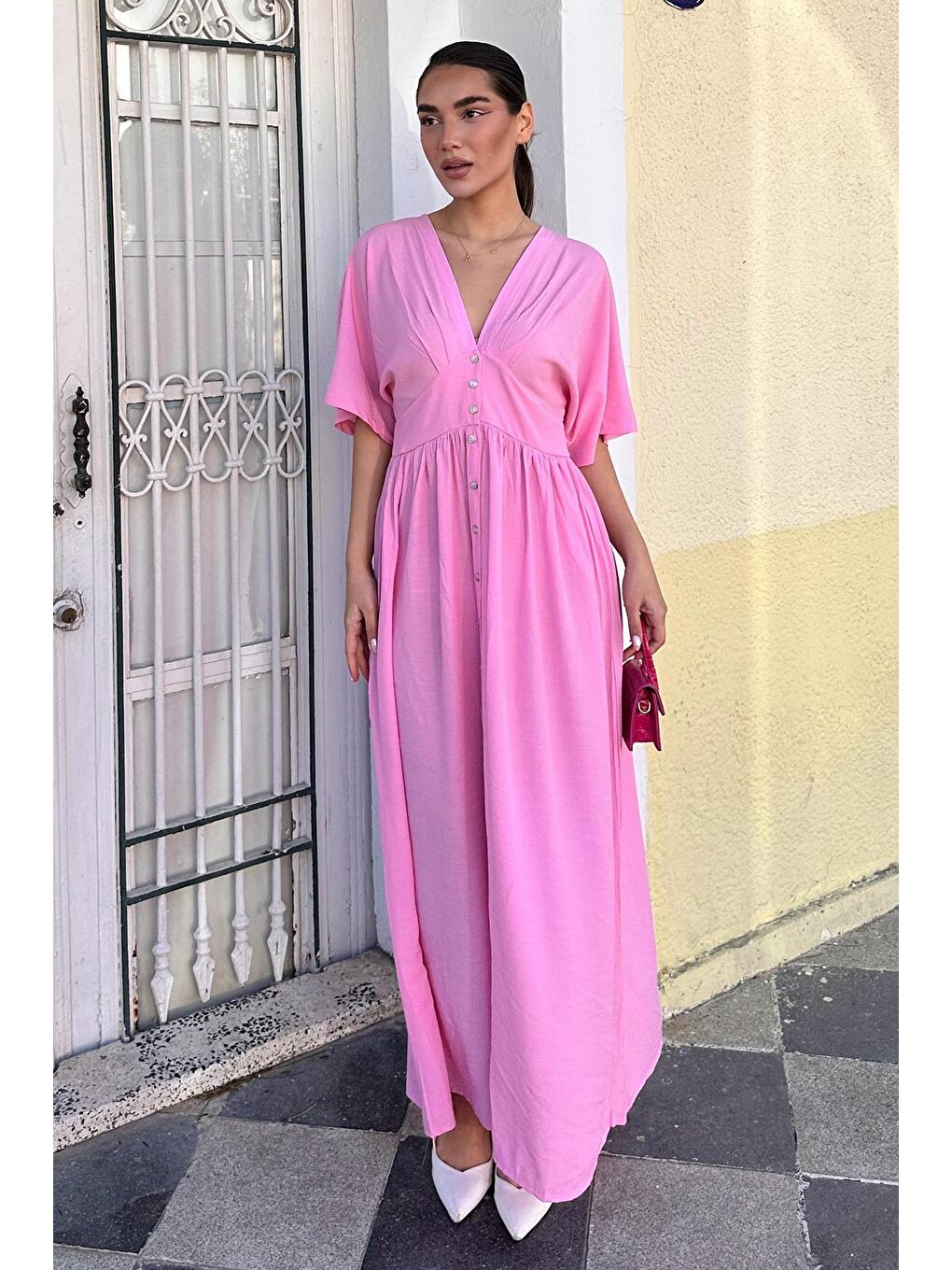 Pembe V Yaka Düğmeli Elbise Mg2339-3