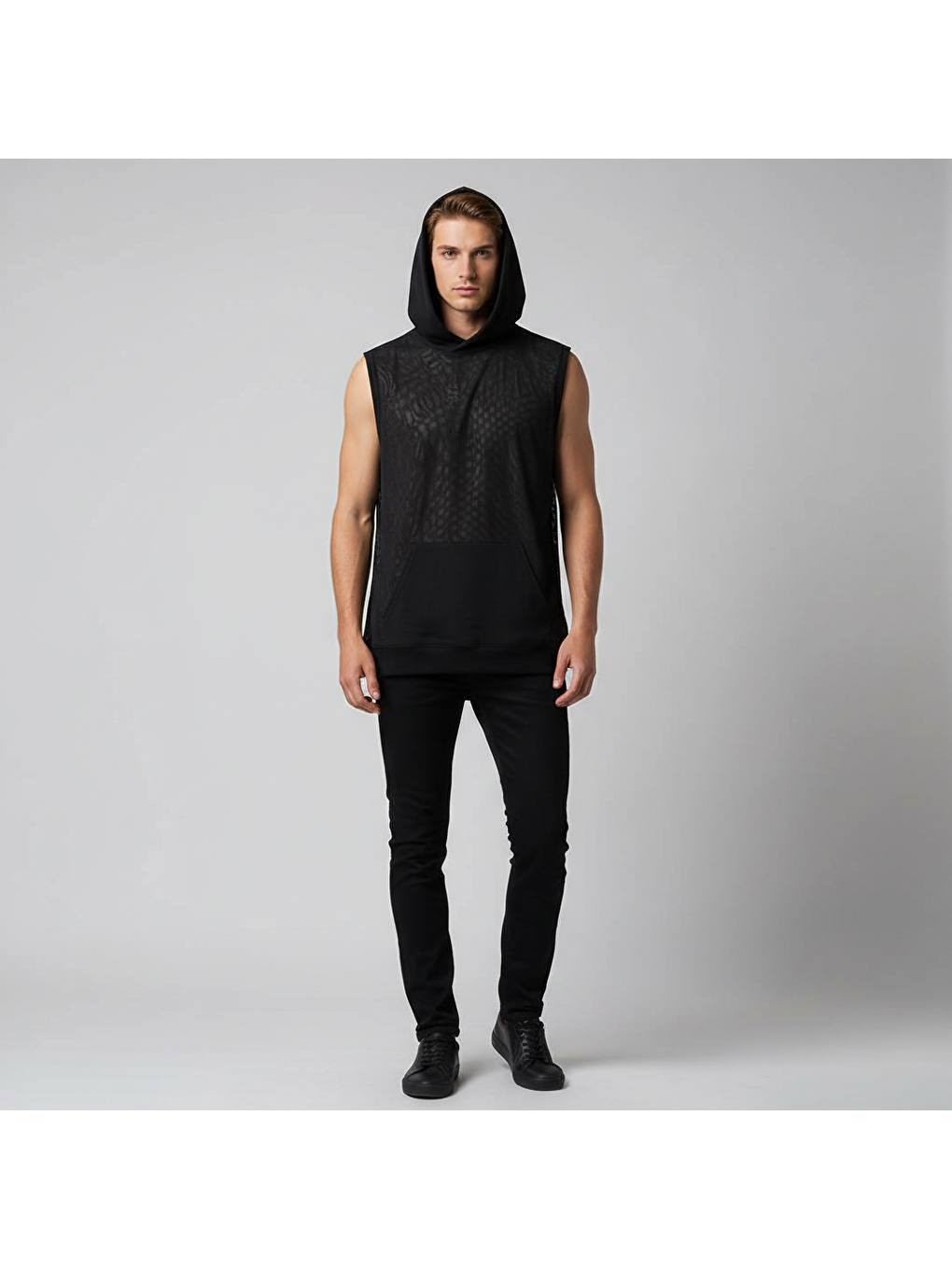 Siyah Erkek Tül Kolsuz Kapüşonlu Tshirt Bb2327-1