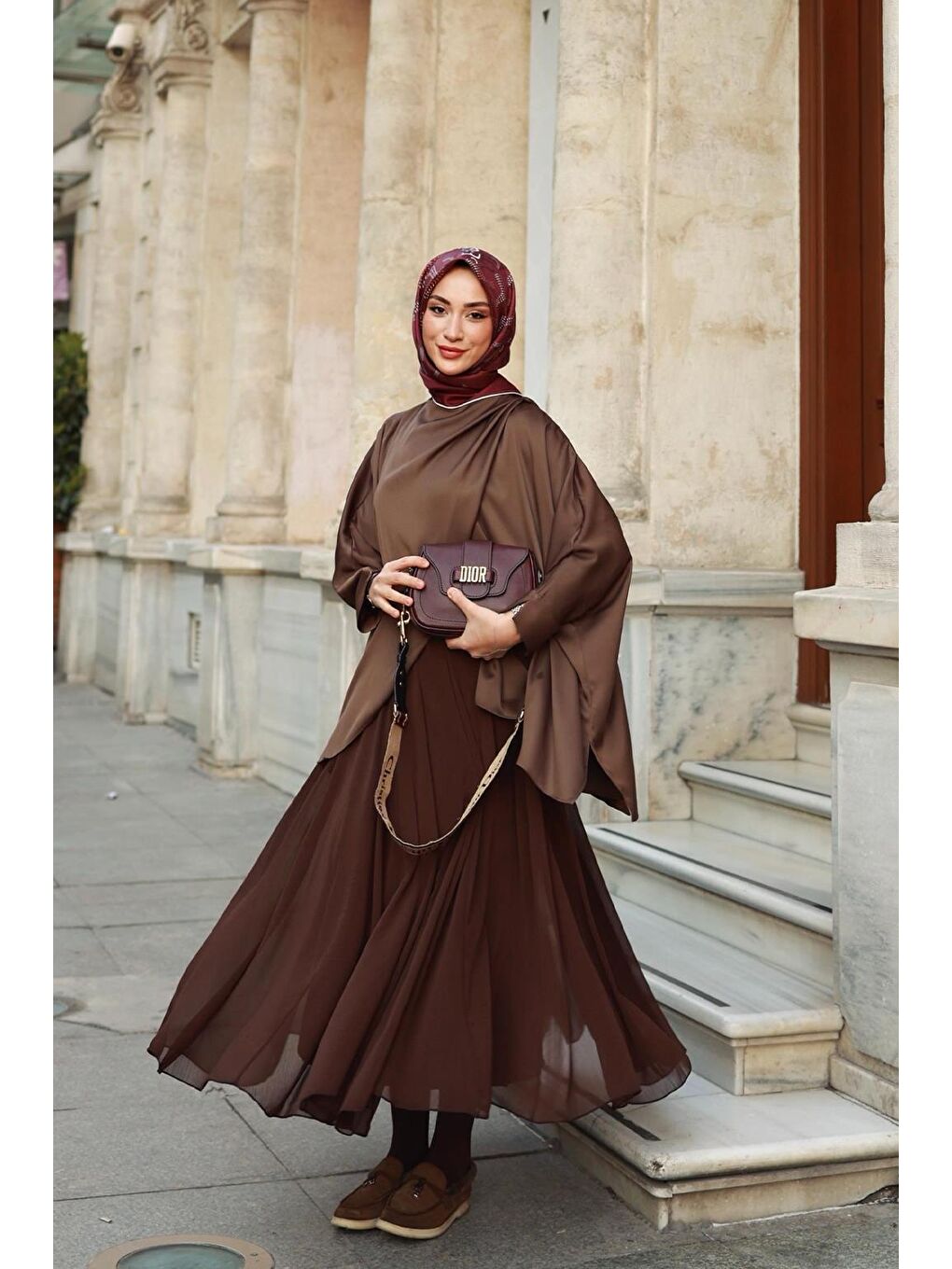 Kahverengi Eva Parçalı Uzun Etek Kahve-1