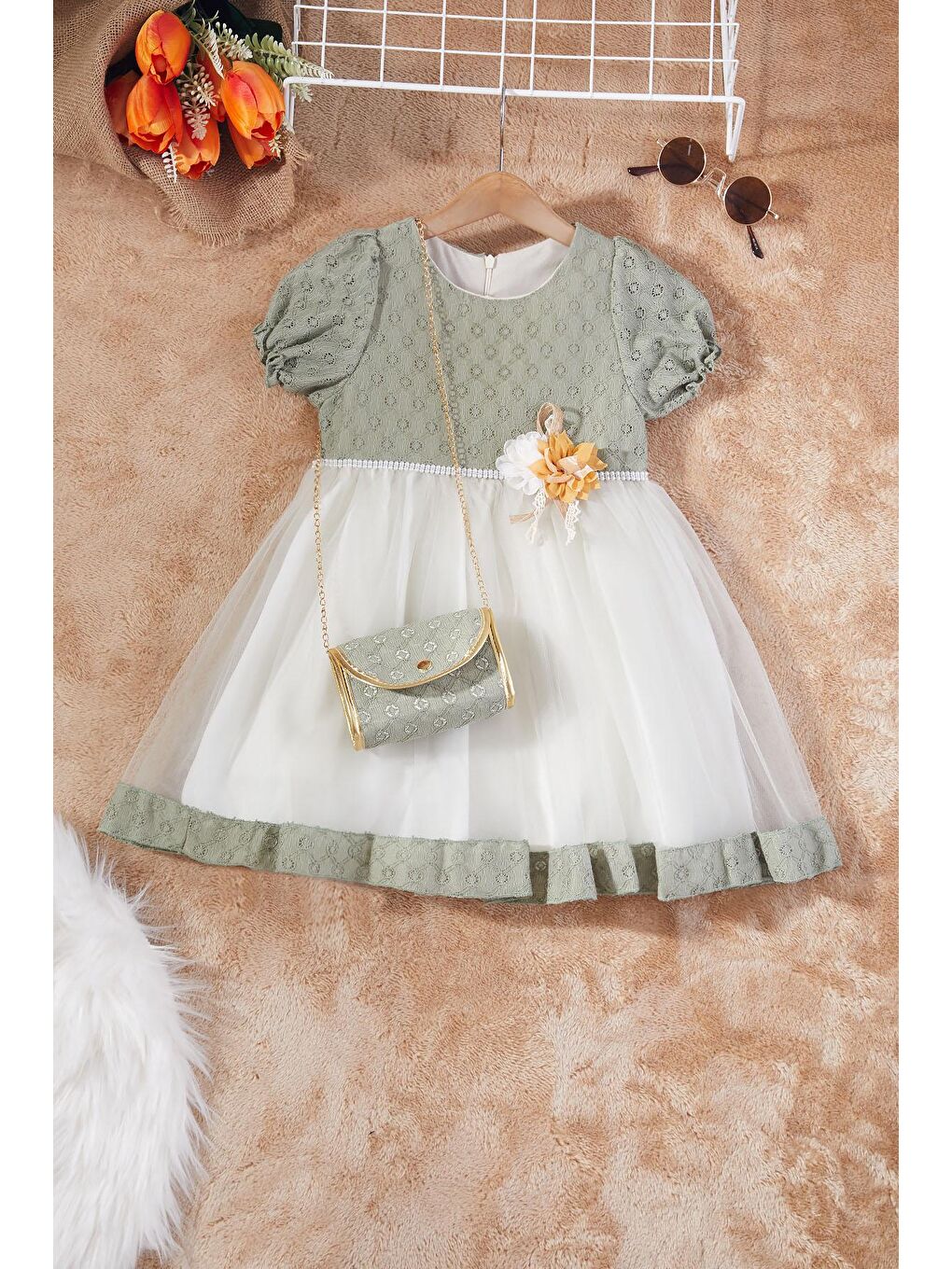 Yeşil İnci Şeritli Çantalı Kız Çocuk Tüllü Abiye Elbise 17253