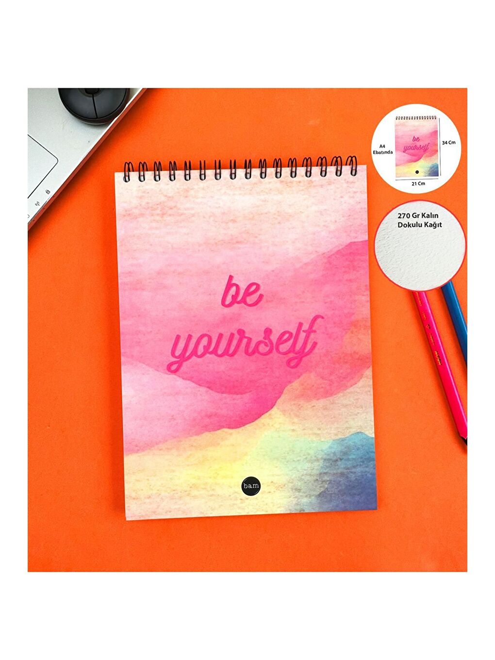 BAM HEDİYELİK EŞYA Karışık Be Yourself 30x21cm A4 Sketch Book   Eskiz Defteri   270 gr   34 Yaprak