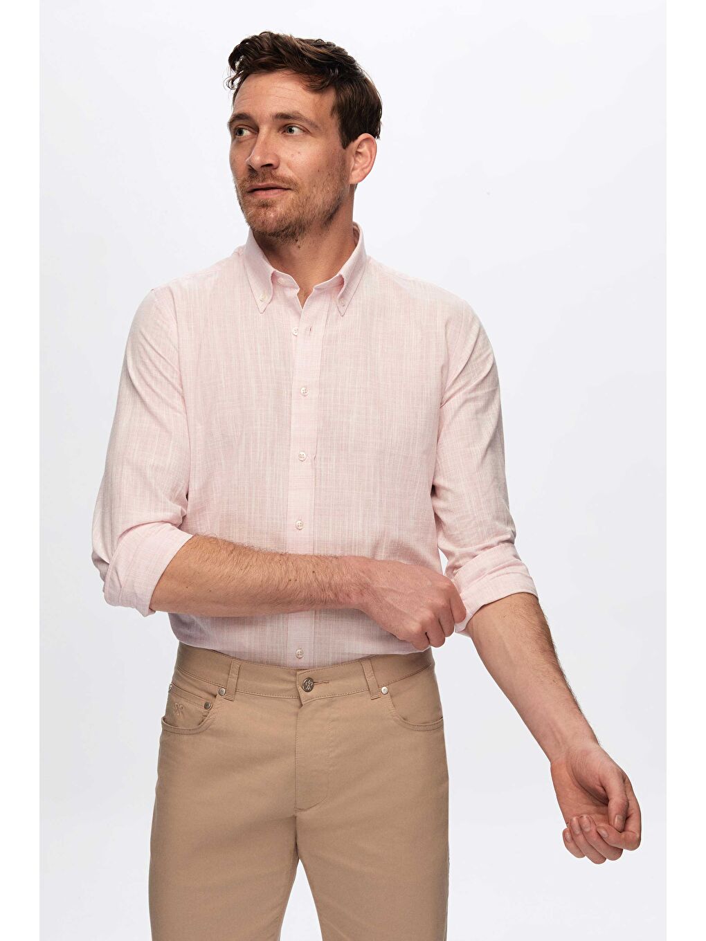 Ds Damat Slim Fit Pembe Keten Görünümlü Gömlek-2