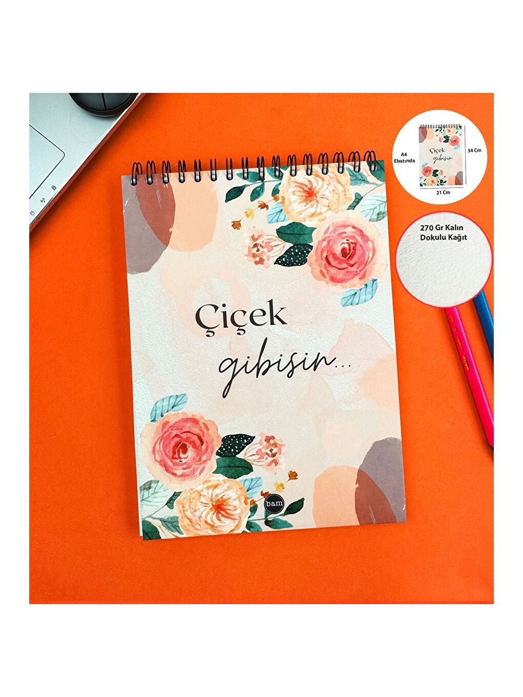 BAM HEDİYELİK EŞYA Çiçek Gibisin 30x21cm A4 Sketch Book   Eskiz Defteri   270 gr   34 Yaprak