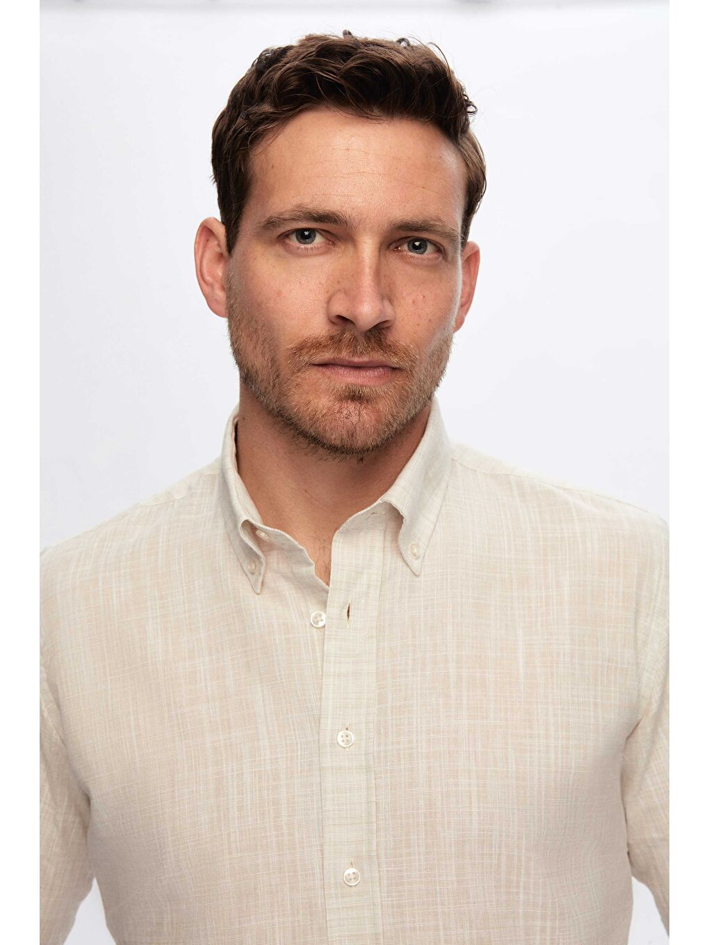 Ds Damat Slim Fit Bej Keten Görünümlü Gömlek-1