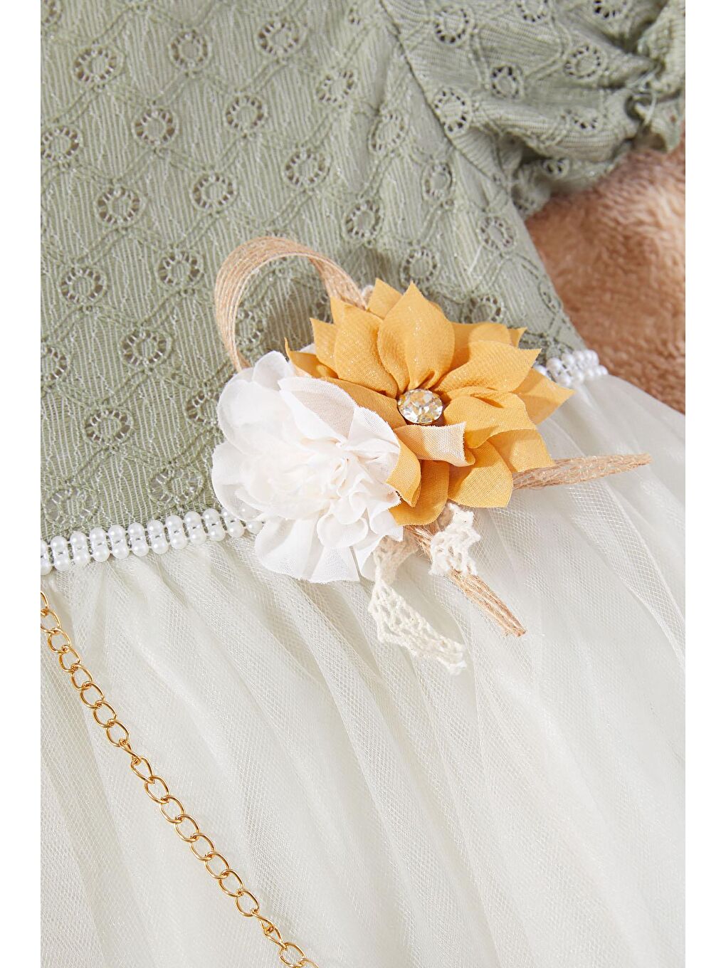 Yeşil İnci Şeritli Çantalı Kız Çocuk Tüllü Abiye Elbise 17253-1