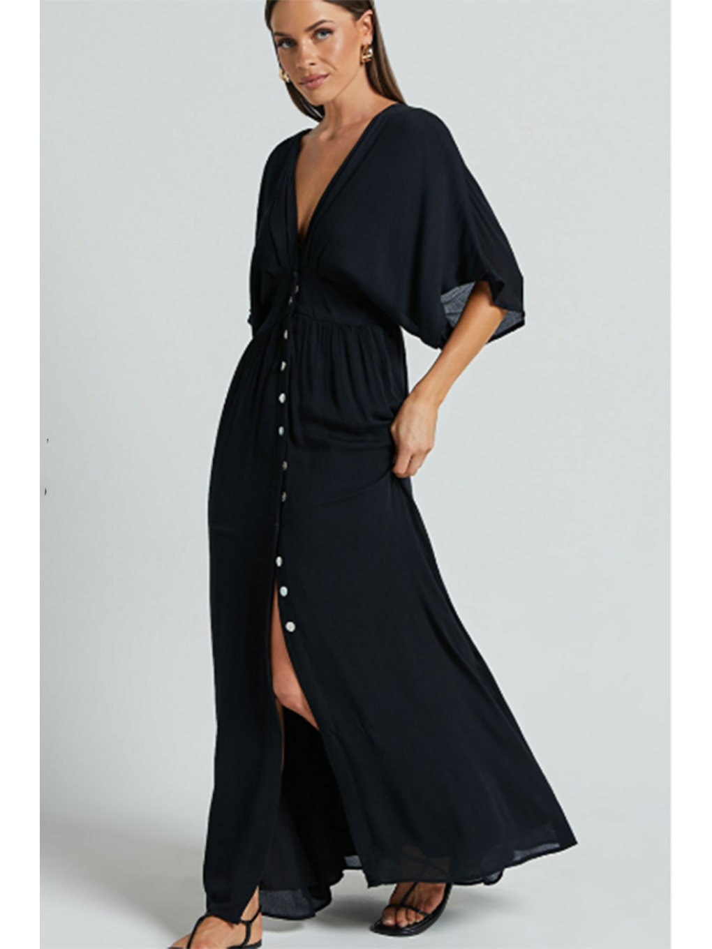 Siyah V Yaka Düğmeli Elbise Mg2339-9