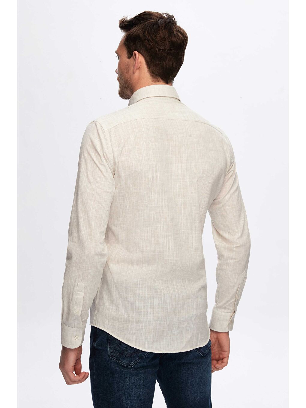 Ds Damat Slim Fit Bej Keten Görünümlü Gömlek-2
