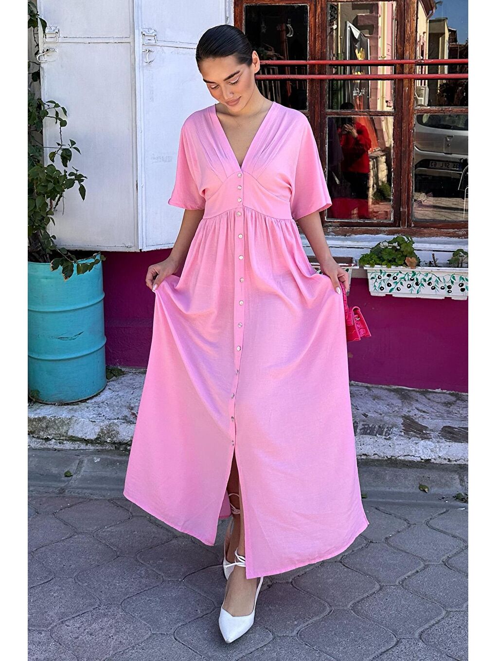 Pembe V Yaka Düğmeli Elbise Mg2339-4