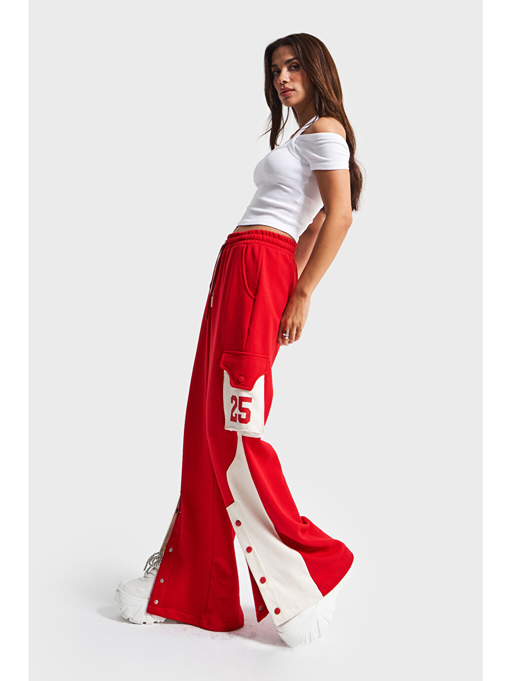 Kadın Kırmızı Renk w5-19 Örme Kumaş Kargo Cep Bol Kesim Tasarım Alt Eşofman Pantolon-1