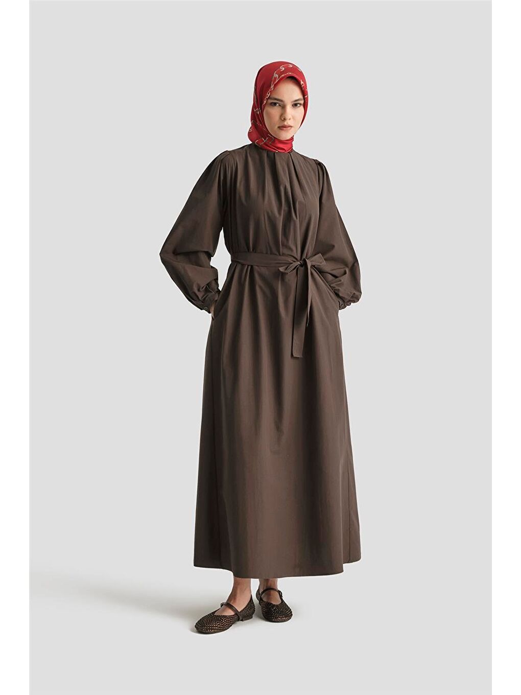 Kahverengi Pile Detaylı Pamuk Elbise 25Y9024 Acı K.-1
