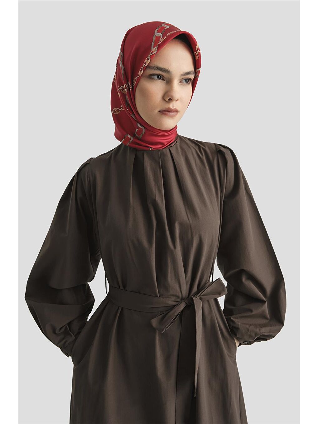 Kahverengi Pile Detaylı Pamuk Elbise 25Y9024 Acı K.-2