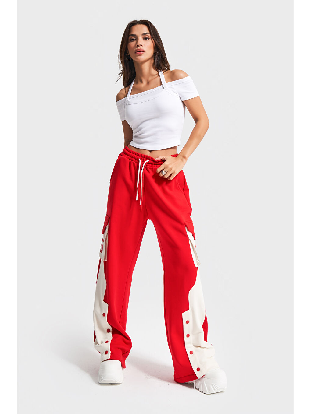 Kadın Kırmızı Renk w5-19 Örme Kumaş Kargo Cep Bol Kesim Tasarım Alt Eşofman Pantolon-2