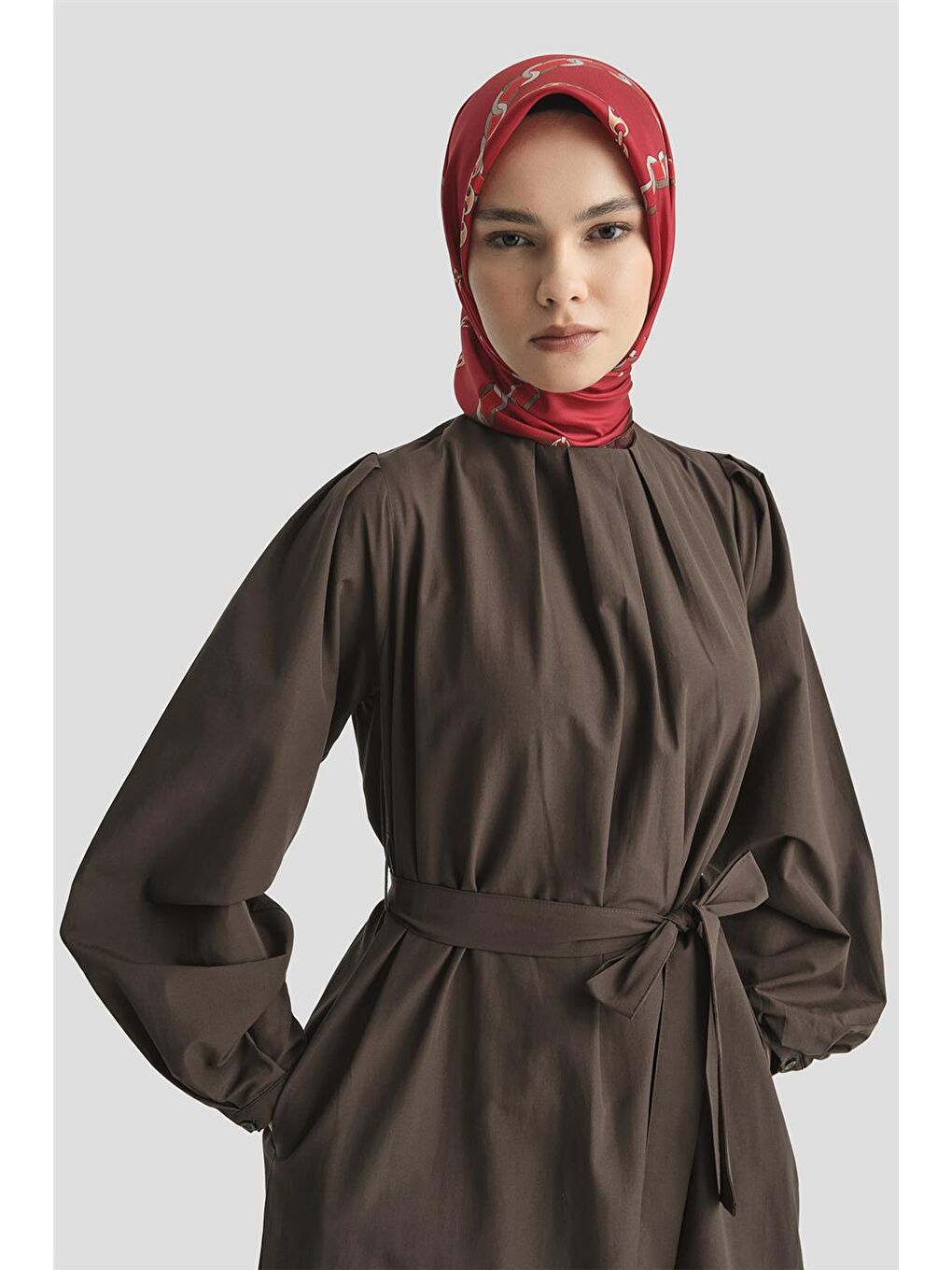 Kahverengi Pile Detaylı Pamuk Elbise 25Y9024 Acı K.-3