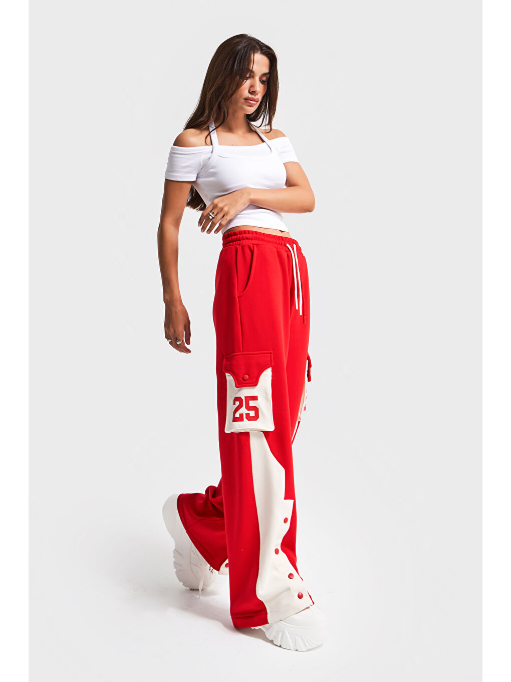 Kadın Kırmızı Renk w5-19 Örme Kumaş Kargo Cep Bol Kesim Tasarım Alt Eşofman Pantolon-4