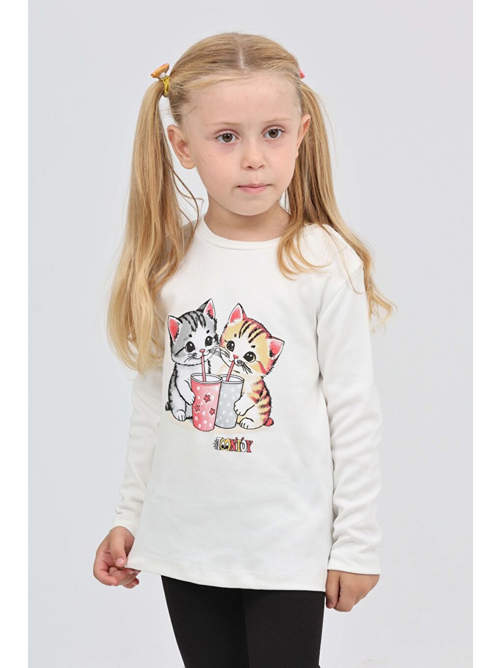 Ekru Kız Çocuk İkili Kedi Baskılı Sweatshirt