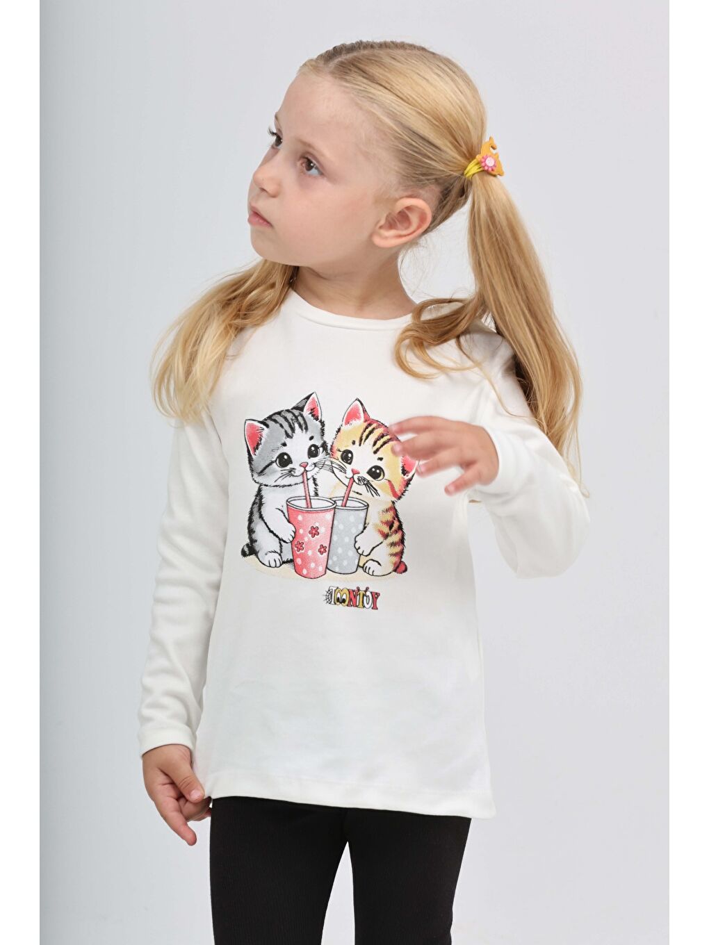 Ekru Kız Çocuk İkili Kedi Baskılı Sweatshirt-1