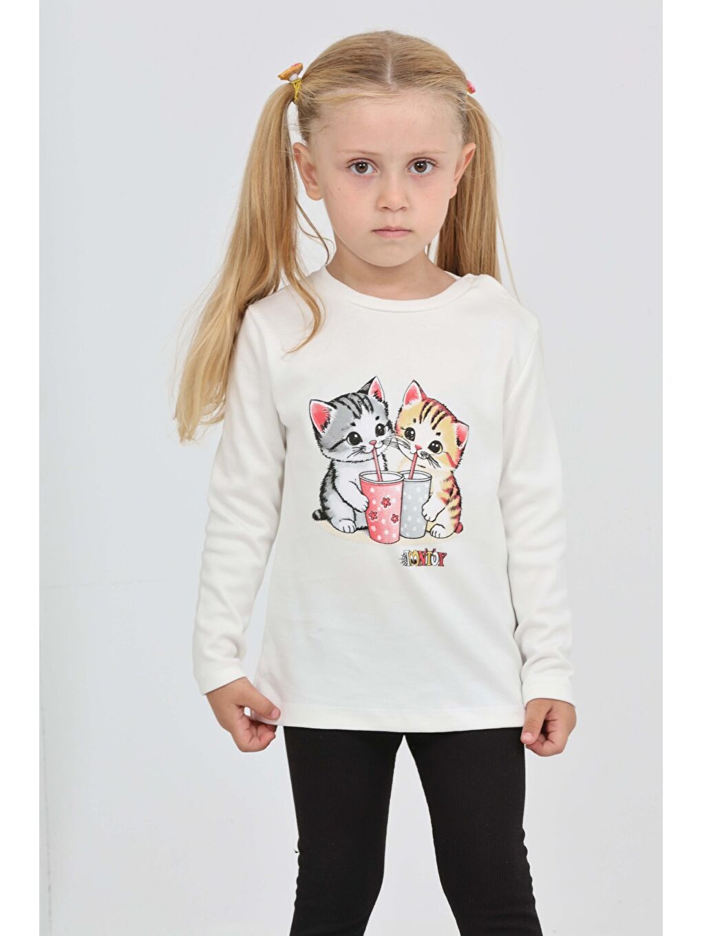 Ekru Kız Çocuk İkili Kedi Baskılı Sweatshirt-2