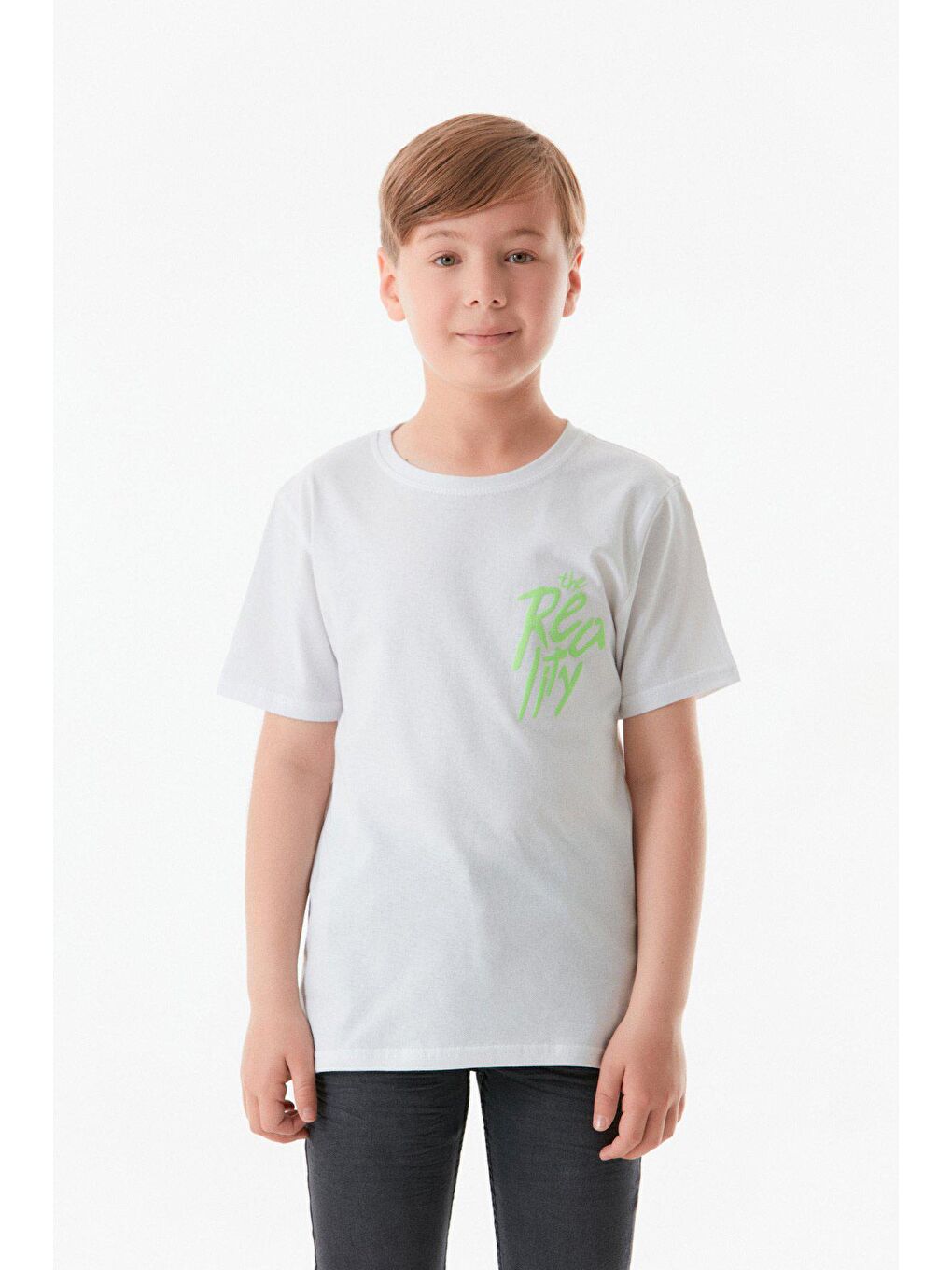 Beyaz Önü Ve Arkası Baskılı Bisiklet Yaka Erkek Çocuk Tişört