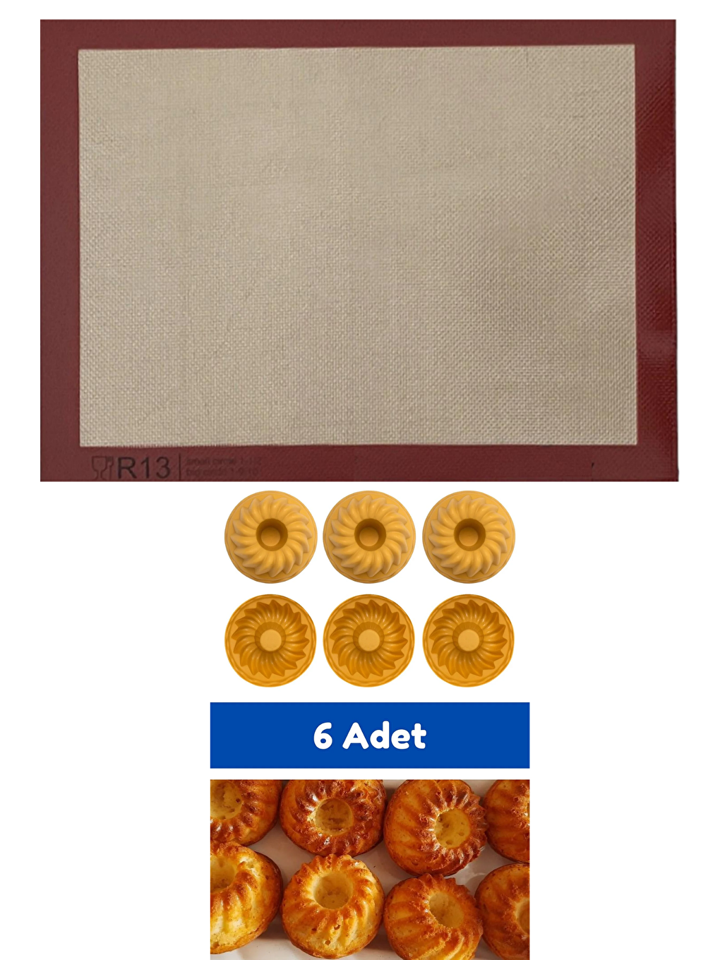 Yanmaz Yapışmaz, Yıkanabilir, Pişirme Matı ve Sarı 6'lı Silikon Mini Göbekli Kek Kalıbı