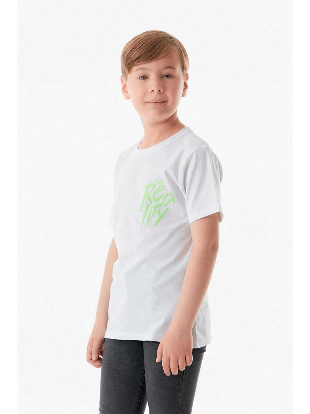 Beyaz Önü Ve Arkası Baskılı Bisiklet Yaka Erkek Çocuk Tişört-1