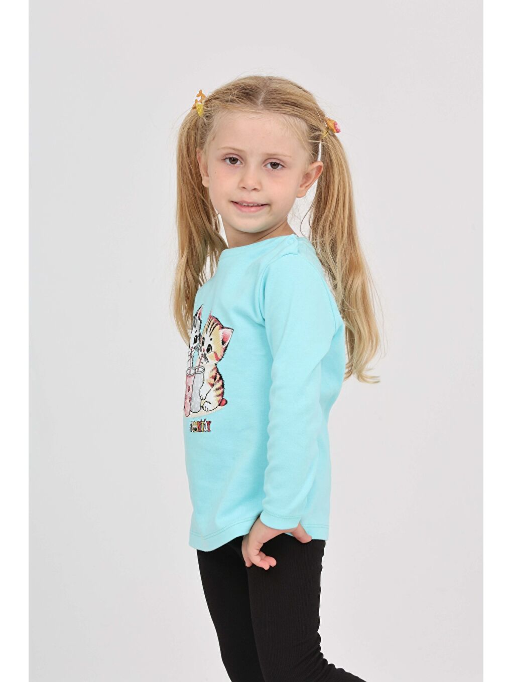 Turkuaz Kız Çocuk İkili Kedi Baskılı Sweatshirt