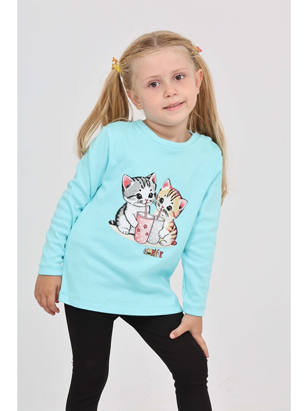 Turkuaz Kız Çocuk İkili Kedi Baskılı Sweatshirt-1